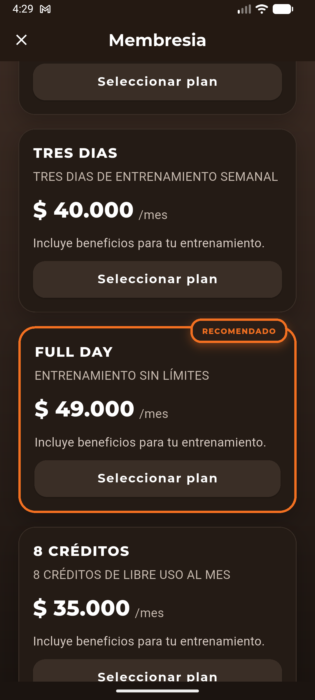 Pantalla de reservas y cupos